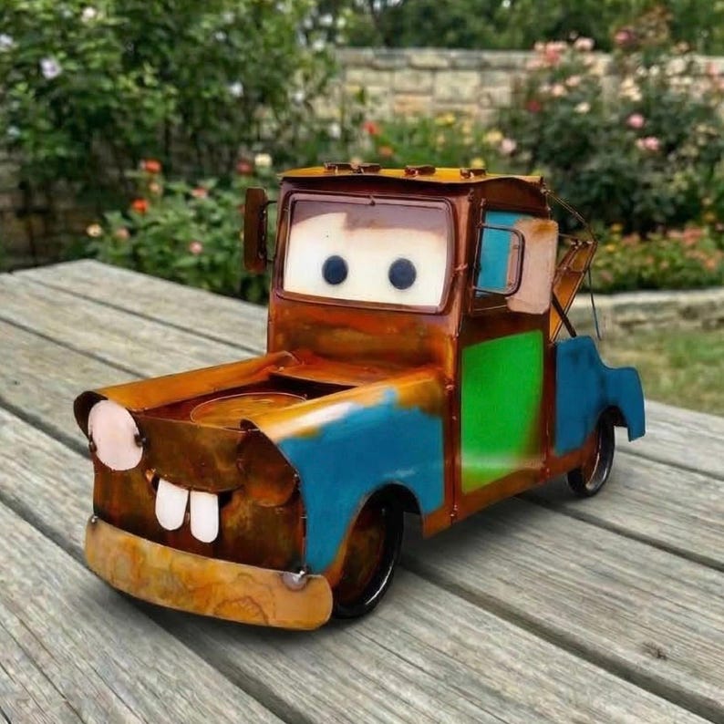 Rustic Metal Tow Mater Truck Cars Character | Yard Art Radiator Springs Garage Gift Decor | Outdoor Sculpture image 1