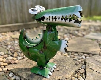 Metal Standing Green Crocodile Alligator | Garden Patio Decor | Southwestern Yard Art Sculpture | Handmade Outdoor Statue