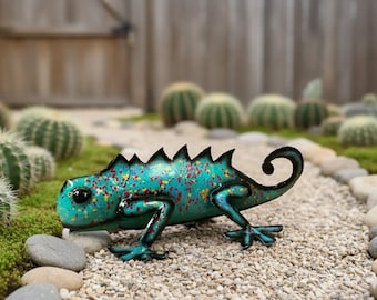 Metal Spotted Chameleon Lizard | Garden Patio Decor | Southwestern Yard Art Sculpture | Handmade Outdoor Gecko Statue