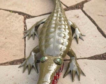 Metal Giant Crocodile Alligator | Garden Patio Decor | Southwestern Yard Art Sculpture | Handmade Outdoor Statue