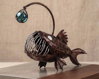 Metal Angler Fish with Marble  | Poolside Patio Decor | Coastal Yard Art Sculpture | Handmade Tropical Outdoor Statue