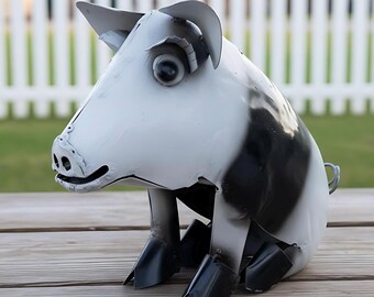 Metal Black and White Pig | Garden Patio Decor | Southwestern Yard Art Sculpture | Handmade Outdoor Statue