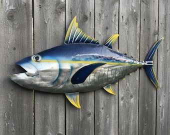 Atún aleta amarilla de metal / Decoración de pared de peces / Escultura de arte náutico oceánico / Estatua costera para exteriores