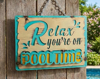 Letrero de metal para relajarse en la piscina / Decoración para bar y patio / Escultura de pared / Estatua divertida para exteriores