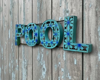 Metal Flowered Pool Sign | Wall Art Garden Patio Decor | Barnyard Southwestern Yard Art Sculpture | Hanging Patio Statue