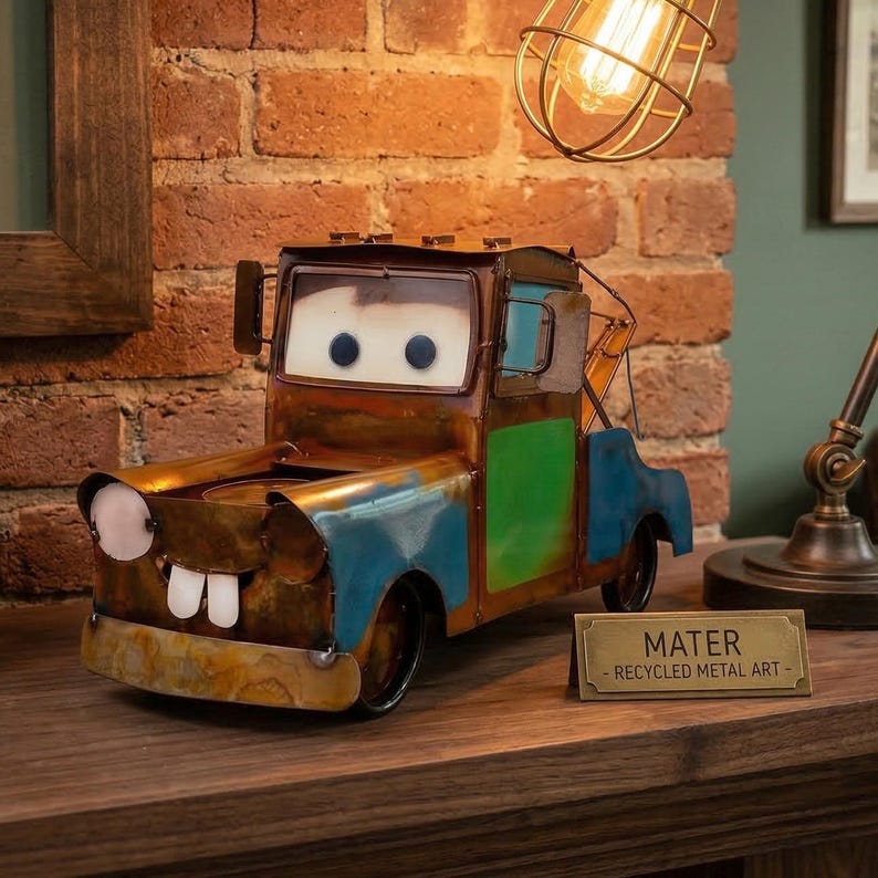 Rustic Metal Tow Mater Truck Cars Character | Yard Art Radiator Springs Garage Gift Decor | Outdoor Sculpture image 2