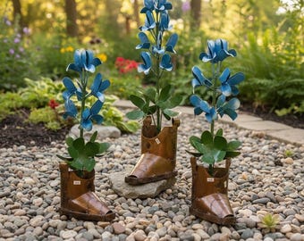 Metal Texas Bluebonnet Flower on Boot Planter | Garden Patio Decor | Southwestern Yard Art Sculpture | Outdoor Statue