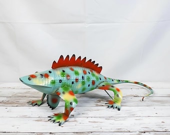 Metal Spotted Colorful Salamander Chameleon Gecko Lizard | Garden Patio Decor | Southwestern Yard Art Sculpture | Handmade Outdoor Statue