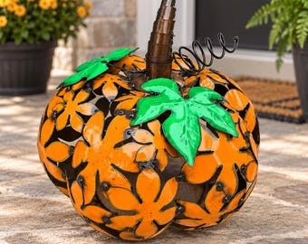Calabaza de flores de metal hecha a mano / Decoración de jardín de otoño para Halloween / Escultura de arte de jardín del suroeste / Estatua de exterior hecha a mano