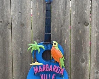Metal Handpainted Margaritaville Guitar Sign | Pool Deck Patio Decor | Tropical Wall Yard Art Sculpture | Outdoor Statue