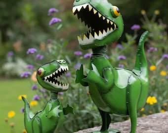 Metal Green T Rex Dinosaur Family | Garden Patio Decor | Southwestern Yard Art Sculpture | Handmade Outdoor Statue