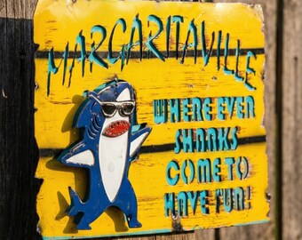 Metal Margaritaville Shark Sign | Bar Patio Decor | Wall Art Sculpture | Funny Outdoor Statue