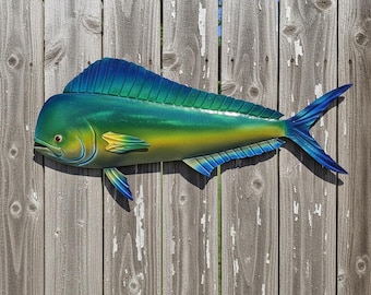 Letrero de metal con diseño de delfín Mahi Mahi / Decoración para jardín y patio / Escultura náutica de pared / Estatua costera para exteriores