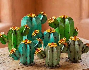 Juego de 3 cactus de pera pepino de metal 3D / Decoración de jardín / Escultura artística estilo suroeste / Estatua para exteriores