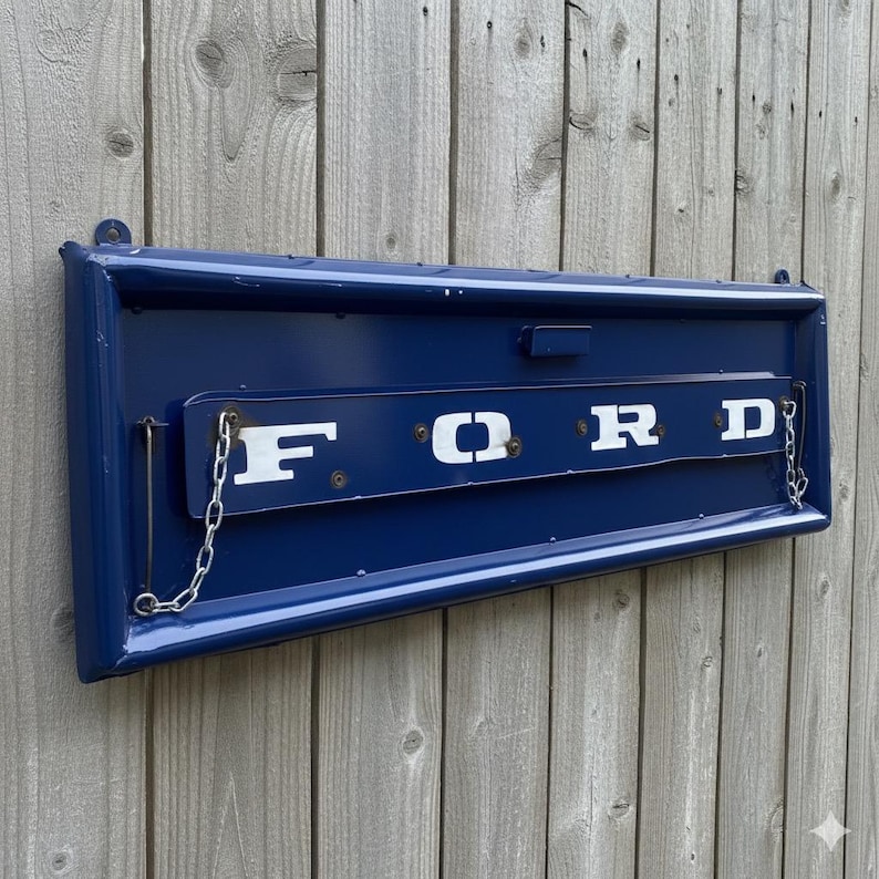 Op de afbeelding: Een marineblauw metalen bord in vintage stijl met het woord "FORD" in witte blokletters. Het bord heeft een rechthoekige vorm met een gebogen boven- en onderkant en is gemonteerd op een houten achtergrond. Een ketting is aan het bord bevestigd.