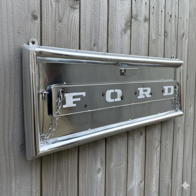 Op de afbeelding: Een glanzend metalen bord met het woord "FORD" in witte letters. Het rechthoekige bord heeft een zilveren afwerking en is bevestigd aan een houten hek. Kettingen hangen aan de zijkanten.