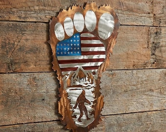 Metal American Bigfoot Footprint Sign | Garden Patio Decor | USA Plasma Wall Art Sculpture | Outdoor Statue | 4th of July Celebration
