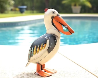 Metal Pelican with Fish | Garden Patio Decor | Nautical Coastal Yard Art Sculpture | Handmade Outdoor Statue