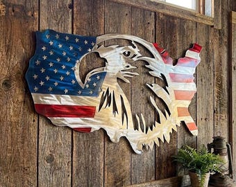 Metal American Bald Eagle Map Flag Sign | Patio Decor | USA Plasma Wall Art Sculpture | Outdoor Statue | 4th of July Celebration