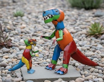 Metal Colorful T Rex Dinosaur Family | Garden Patio Decor | Southwestern Yard Art Sculpture | Handmade Outdoor Statue