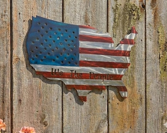 Metal “We The People” American Map Flag Sign | Garden Patio Decor | USA Plasma Wall Art Sculpture | Outdoor Statue | 4th of July Celebration