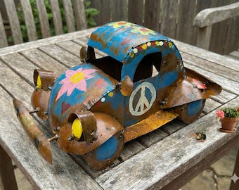 Metal Rustic Handpainted Beetle Bug Dune Buggy Car | Garden Patio Decor | Southwestern Yard Art Sculpture | Outdoor Statue
