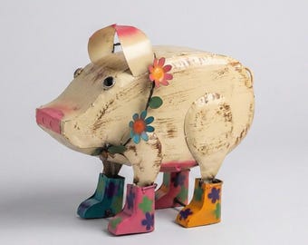 Handmade Glossy Metal Razorback Hog Javalin Pig | Farmhouse Yard