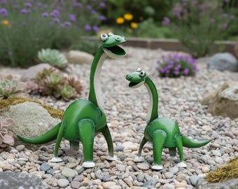 Familia de dinosaurios Brachiosaurus de metal / Decoración para jardín y patio / Escultura de arte para exteriores de estilo suroeste / Estatua hecha a mano para exteriores