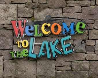 Metal Welcome to the Lake Sign | Colorful Garden Patio Decor | Southwestern Yard Art Sculpture | Outdoor Bar ManCave Gift