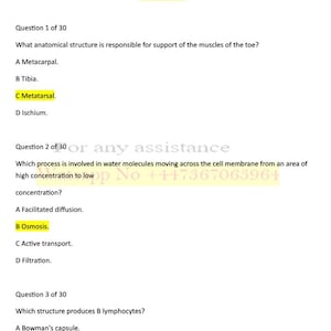 May include: A page from a study guide for the HESI A2 Anatomy and Physiology Exam 2026. The text includes questions and multiple-choice answers about anatomical structures and biological processes. The title is in yellow.