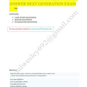 Puede incluir: Documento blanco con el texto "NCLEX RN MEDSURGE QUESTIONS & ANSWER NEXT GENERATION EXAM" en amarillo. Contiene preguntas y respuestas del examen de enfermería, incluyendo estudios de caso, preguntas de corbata de lazo y preguntas independientes. Se proporciona información de contacto.