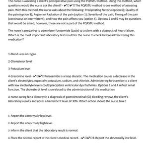 May include: A white document with the title "Saunders NCLEX questions TB" in red. The document contains text about nursing questions, including the PQRSTU method for pain assessment and laboratory test results. The text is in black font.