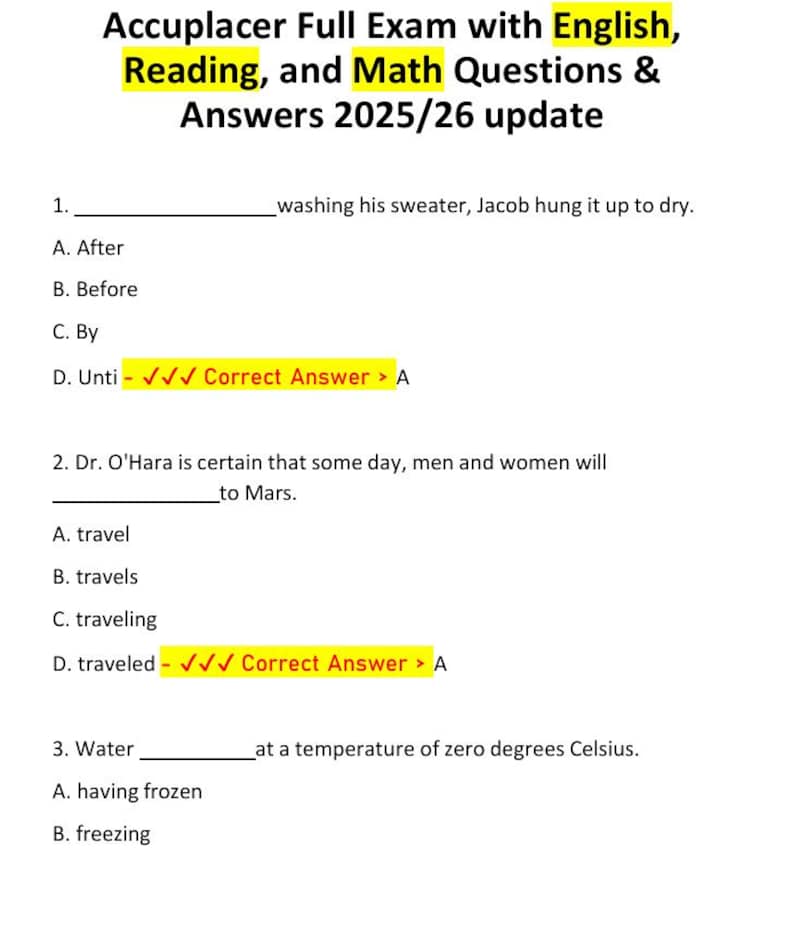 Accuplacer Full Exam With English, Reading, and Math Questions ...