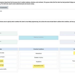 Peut inclure: Un schéma médical avec du texte décrivant les symptômes d'un patient et les conditions potentielles. Le schéma comprend des sections pour les actions à entreprendre, les conditions potentielles et les paramètres à surveiller, tels que la tension artérielle et les électrolytes.