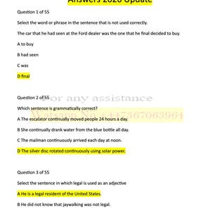 May include: A document with grammar questions and answers for the HESI A2 exam, updated for 2026. The text includes multiple-choice questions with highlighted answers. The title is in yellow.