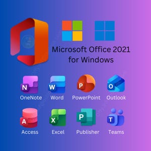 May include: A promotional image for Microsoft Office 2021 for Windows. The image features the Microsoft Office logo and icons for OneNote, Word, PowerPoint, Outlook, Access, Excel, Publisher, and Teams. The background is a gradient of purple and blue.