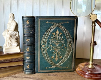 Antique Ingoldsby Legends Book (1874) | Ornate Green Gilt Leather Binding, Victorian Gothic Illustrations