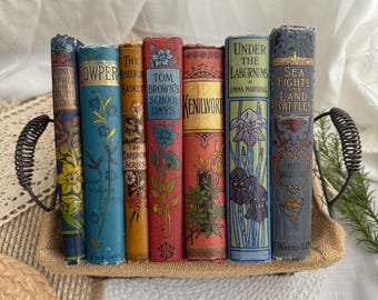 Antique/Vintage Books | Decorative Clothbound Classics | Floral Spines | Cottagecore Bookshelf Decor | Victorian Library Style