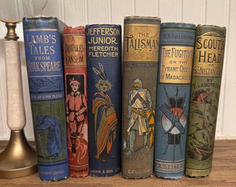 Antique Decorative Books | Victorian Illustrated Spines, Blue Green Red Clothbound Set