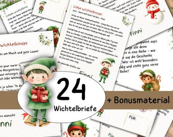 May include: A set of 24 Christmas-themed cards with a cute elf illustration holding a gift. The cards are surrounded by additional cards with text and illustrations, including the number "24" and the words "+ Bonusmaterial".