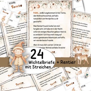 Peut inclure: Ensemble de 24 lettres de Noël fantaisistes et une illustration de renne. Les lettres, avec le texte "Tomte", sont conçues pour une saison de l'Avent amusante, avec des illustrations ludiques et des décorations festives. L'ensemble comprend divers motifs colorés.