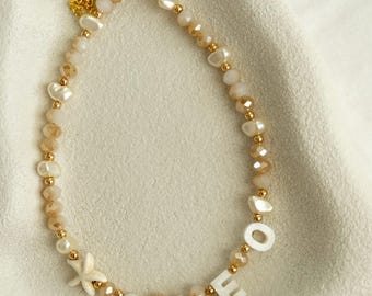 Personalised Toddler Necklace, Mother-of-Pearl Letter Beads, Girls Custom Name Necklace, Shell Charm