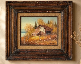 Vintage Barn Landscape Painting, Signed Original Farmhouse Art, Framed Rustic Wall Decor