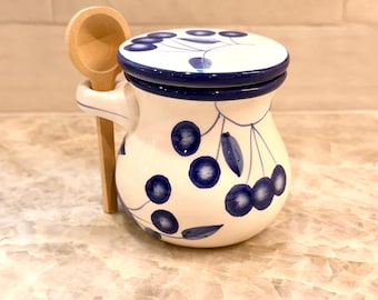Blue White Ceramic Salt Cellar with Lid and Spoon – Farmhouse Scandinavian Kitchen Jar