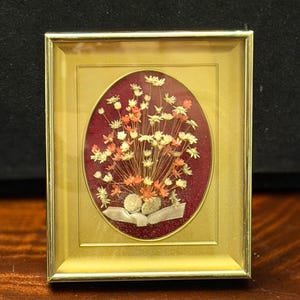 Vintage Pressed Flower Art, Gold Shadowbox Frame, Cottage Decor