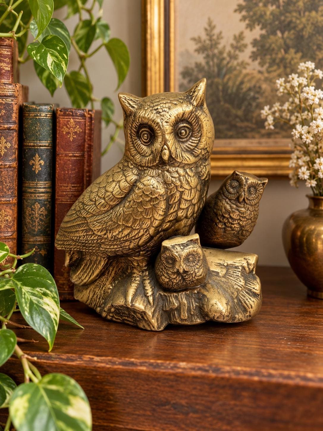 Vintage Brass Owl Family Sculpture, Three Owls on Log, Woodland Decor