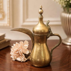 Vintage Brass Arabic Dallah Coffee Pot, Hand-Forged Middle Eastern Decor