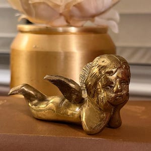 Vintage Brass Cherub Figurine, Reclining Angel Sculpture, Gold Patina Shelf Sitter Decor