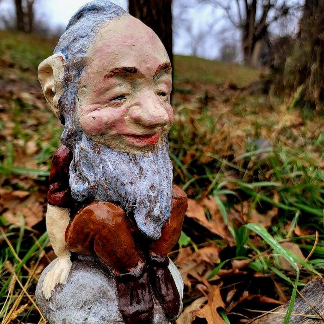 Hand Painted Concrete Old Man Elf on a Toadstool Garden Statue - Etsy