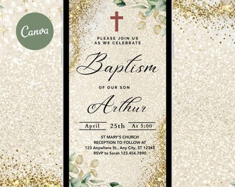 Plantilla de invitación electrónica para bautizo con motivos vegetales, elegante invitación electrónica para bautizo, diseño editable en Canva, invitación con estilo brillante (1080x1920px)